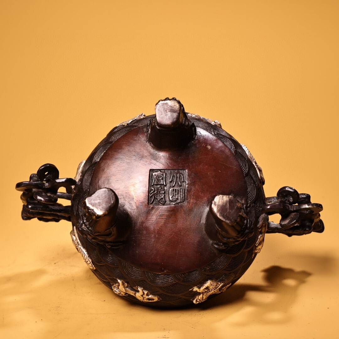 蔵友旧蔵出 銅製 銀鍍 三獣足雙龍耳 熏香爐 密宗密教 供養品 蔵友旧蔵出 銅製 銀鍍 三獣足雙龍耳 熏香爐 密宗密教 供養品