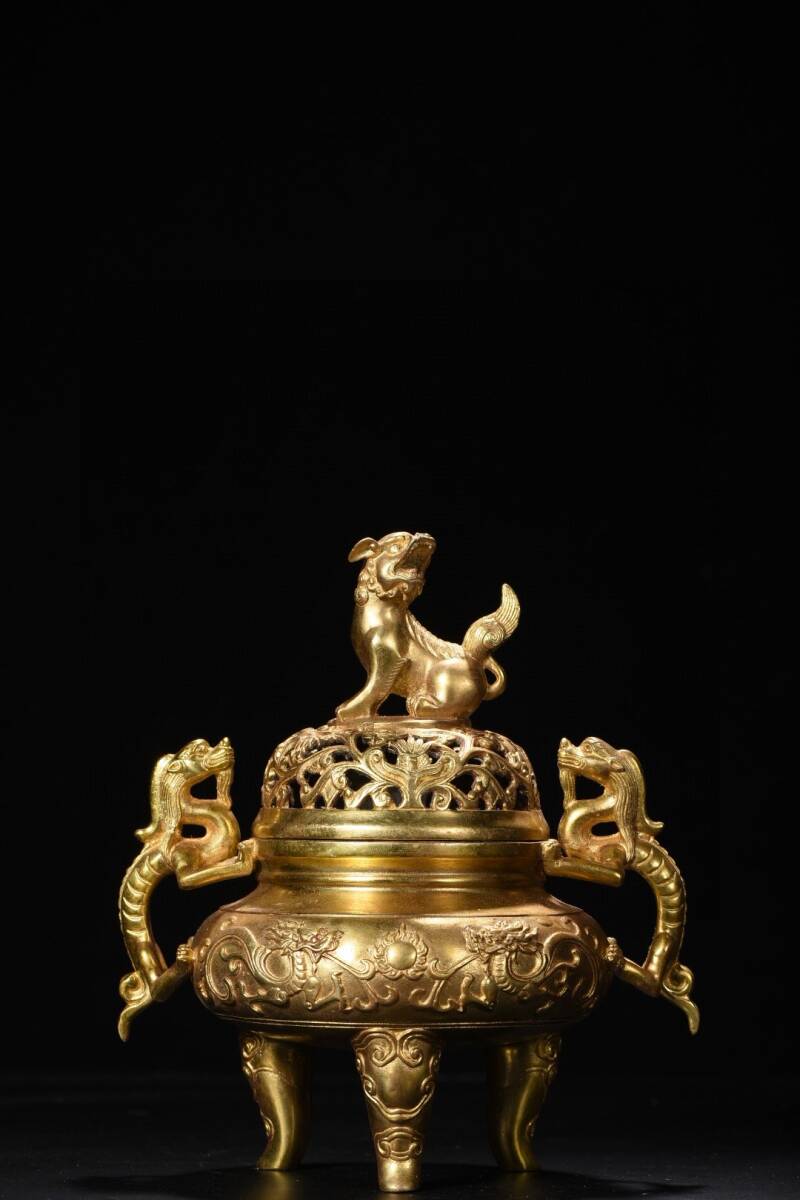 蔵友旧蔵出 銅製 塗金 獣鈕雙龍耳 熏香爐 密宗密教 供養 蔵友旧蔵出 銅製 塗金 獣鈕雙龍耳 熏香爐 密宗密教 供養