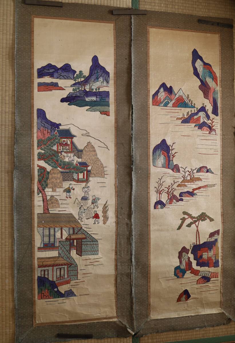 韓国 中国? 刺繍 屏風(中サイズ)6曲片 衝立 屏風絵|屏風 韓国 中国? 刺繍 屏風(中サイズ)6曲片 衝立 屏風絵|屏風