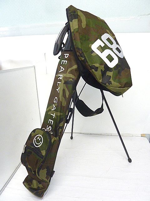 ts94 良品 パーリーゲイツ PEARLY GATES スタンド式 クラブケース セルフスタンド ニコちゃん カーキ系 迷彩 カモフラ柄 ゴルフ ケース