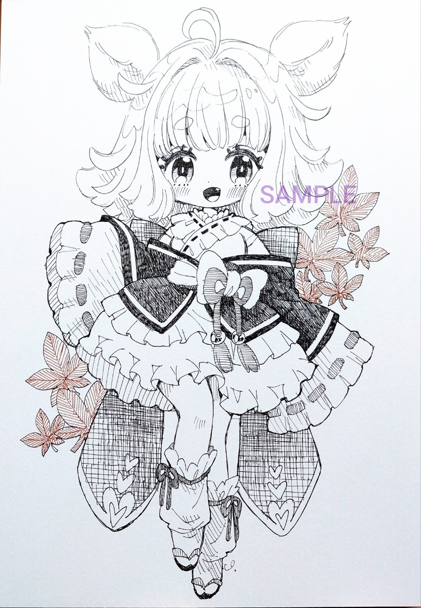 手描きイラスト オリジナル 【雪だね】モノクロ 色紙 ペン画