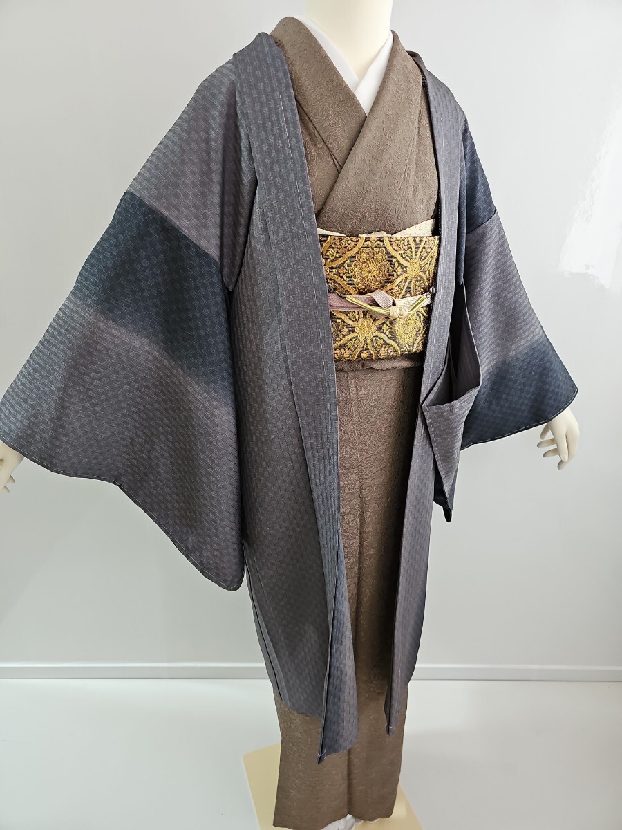 すずや■1006未使用西陣長羽織　裄丈70.5cm　着丈105cm　灰、紺灰系