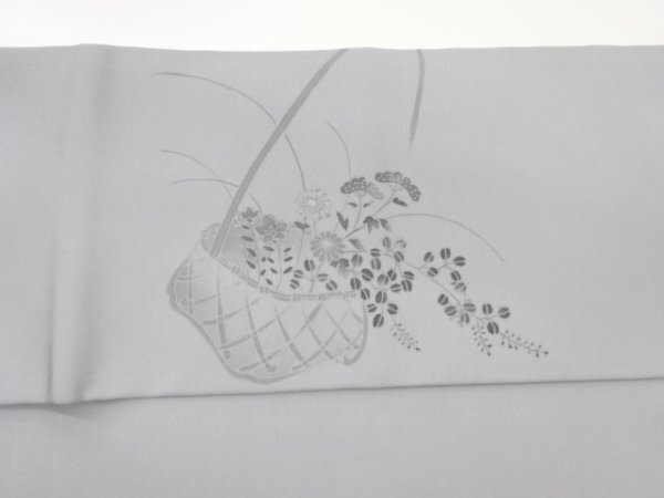 ys7198038; 作家物 塩瀬手描き籠に秋草模様刺繍法事用名古屋帯【着】 ys7198038; 作家物 塩瀬手描き籠に秋草模様刺繍法事用名古屋帯【着】