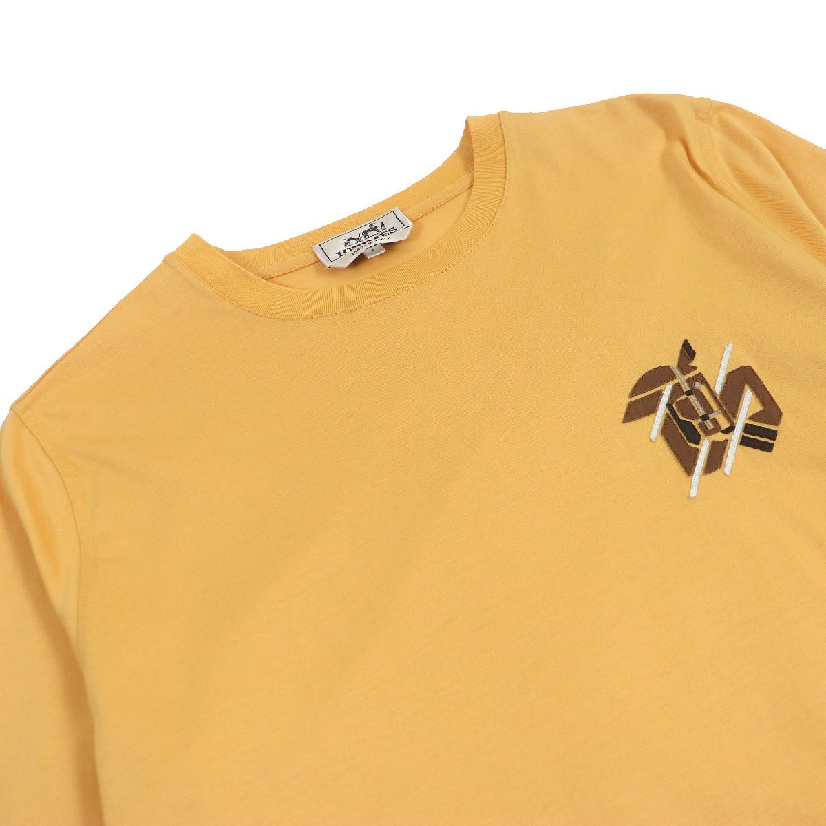 未使用品□HERMES エルメス 2023年制 H357925 シュヴォー?アン?シンメトリー ラムレザーパッチ 半袖Ｔシャツ オレンジ S 伊制 正規(guī)品