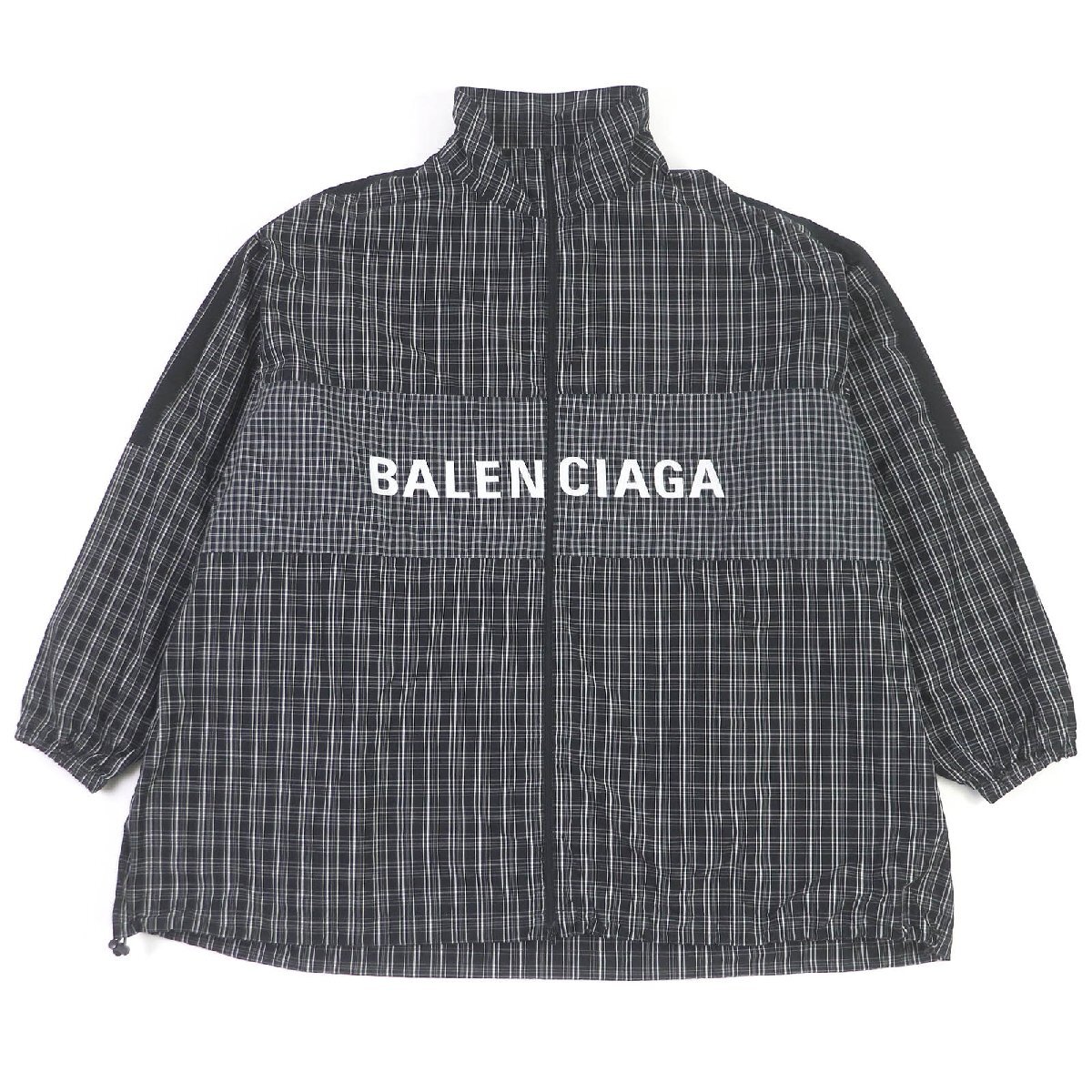 美品□BALENCIAGA バレンシアガ 19SS 571439 ロゴ刺繍 ポプリンチェック シャツブルゾン ナイロンジャケット ブラック 48 正規(guī)品 メンズ