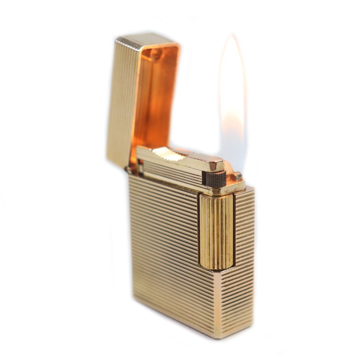 良品▼Dupont デュポン ライン1 ショート スクエア ボーダー柄 ローラー式 ガスライター ゴールド フランス制 メンズ 著火確認(rèn)済み