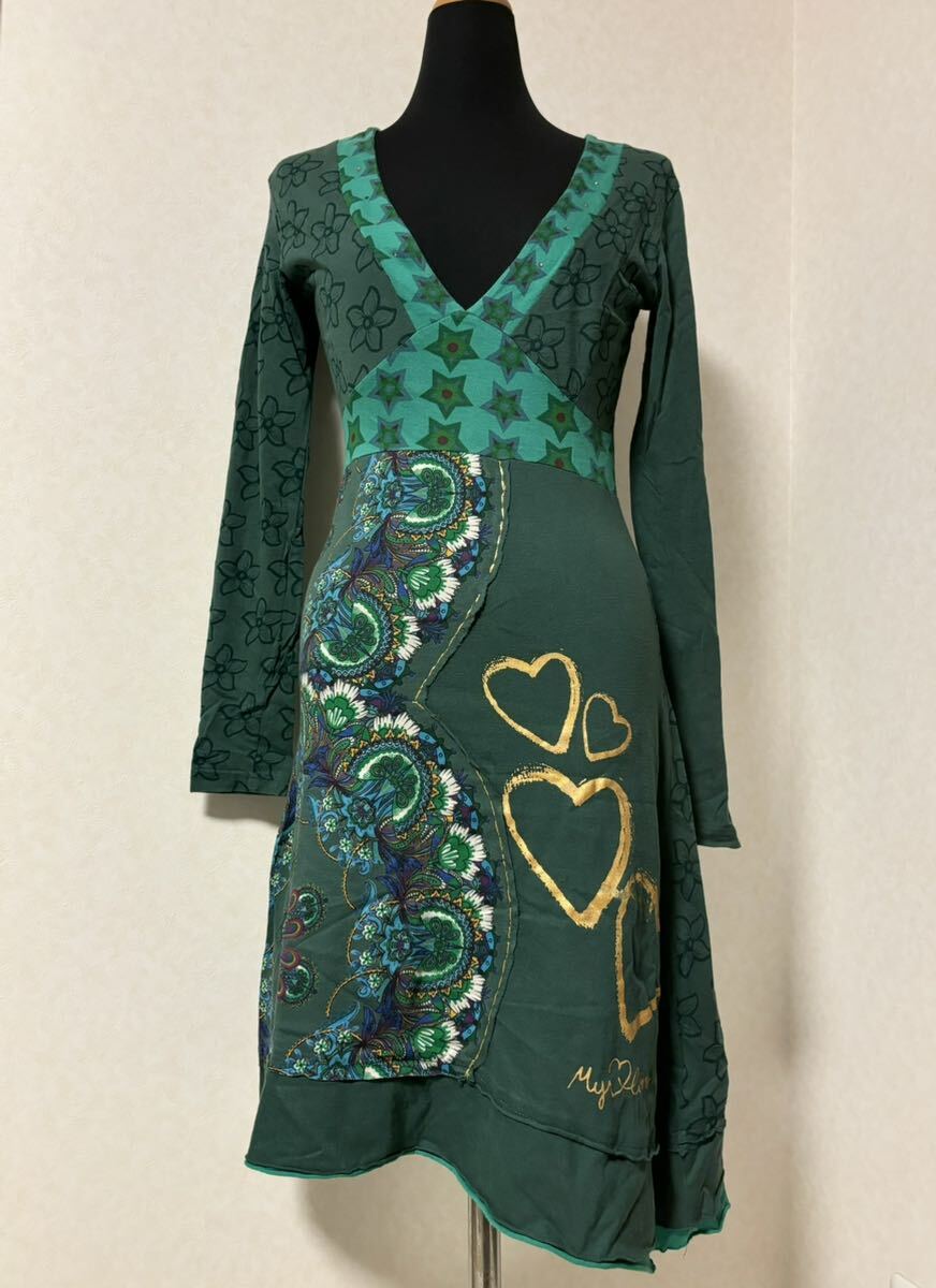 ● 美品 Desigual デシグアル レディース ダークグリーン 深緑 長袖 フレアー ワンピース Sサイズ 綿 コットン100% EURS MEX30 165cm 84A_画像1