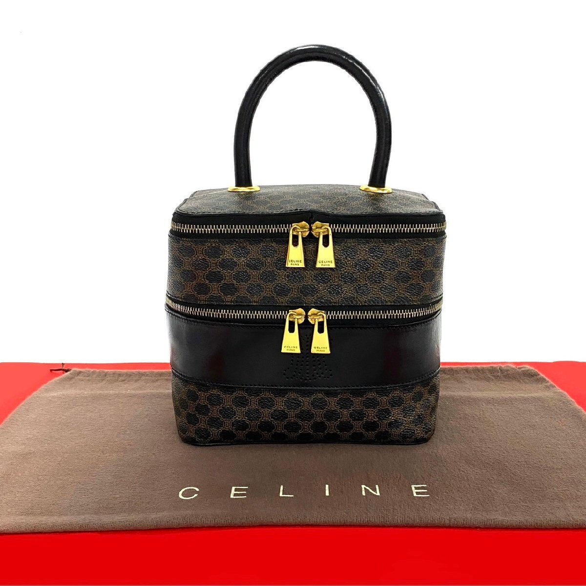  превосходный товар CELINE Celine Vintage Macadam blazon Trio mf рисунок кожа ручная сумочка косметичка ящик для косметики чёрный 38281