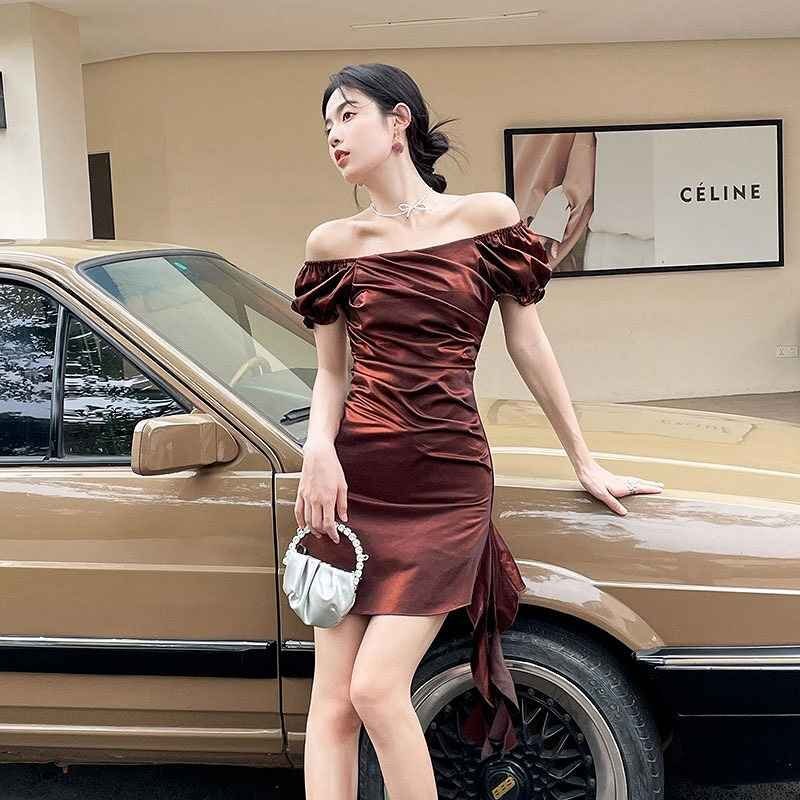  off shoulder One-piece minivan pi volume sleeve car - ring dress ...sweet series XL Brown 