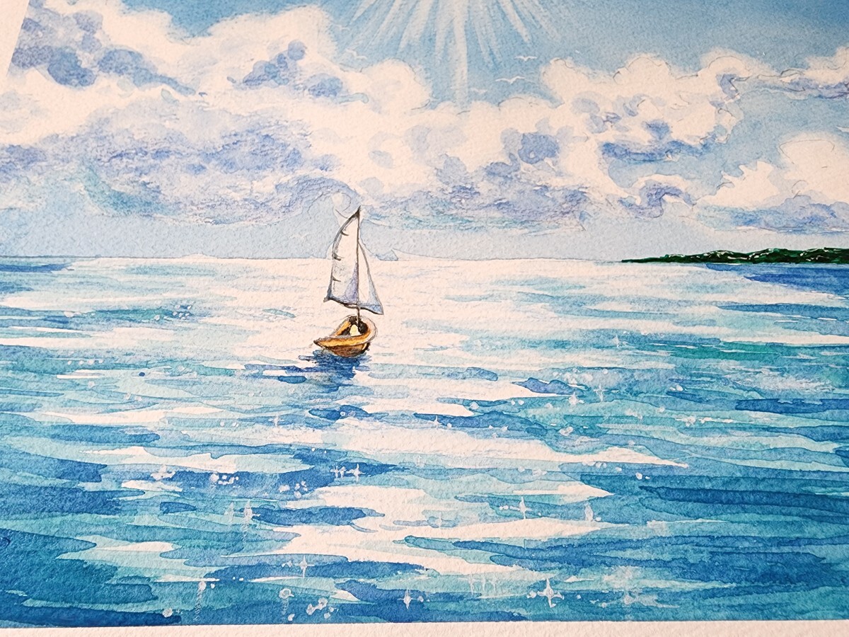 水彩画 海の絵 風景画 世界で1枚 水彩 アート ヨット 船の絵 水彩画 海の絵 風景画 世界で1枚 水彩 アート ヨット 船の絵
