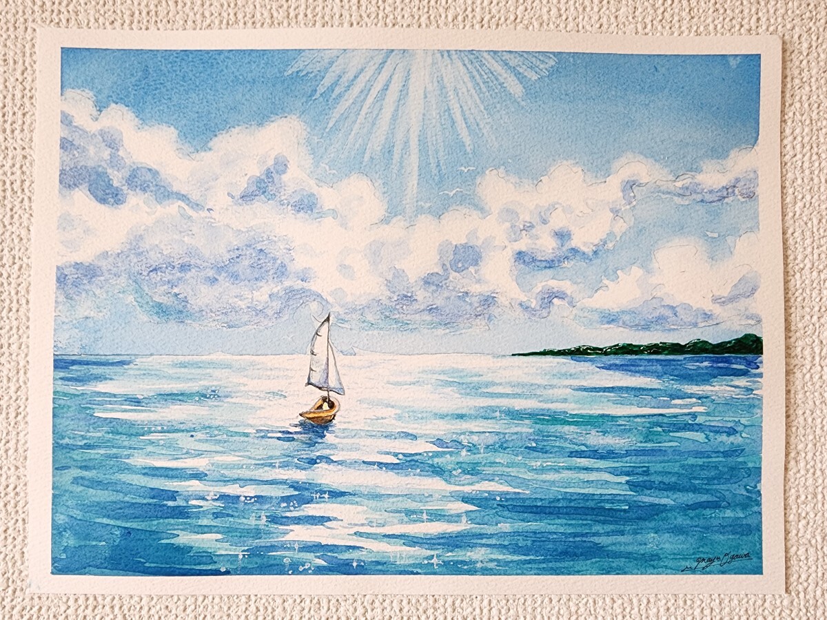 水彩画 海の絵 風景画 世界で1枚 水彩 アート ヨット 船の絵 水彩画 海の絵 風景画 世界で1枚 水彩 アート ヨット 船の絵