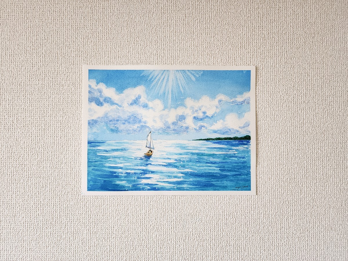 水彩画 海の絵 風景画 世界で1枚 水彩 アート ヨット 船の絵 水彩画 海の絵 風景画 世界で1枚 水彩 アート ヨット 船の絵