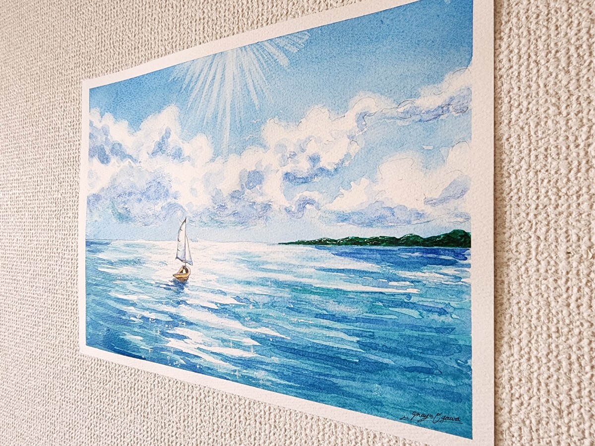 水彩画 海の絵 風景画 世界で1枚 水彩 アート ヨット 船の絵 水彩画 海の絵 風景画 世界で1枚 水彩 アート ヨット 船の絵