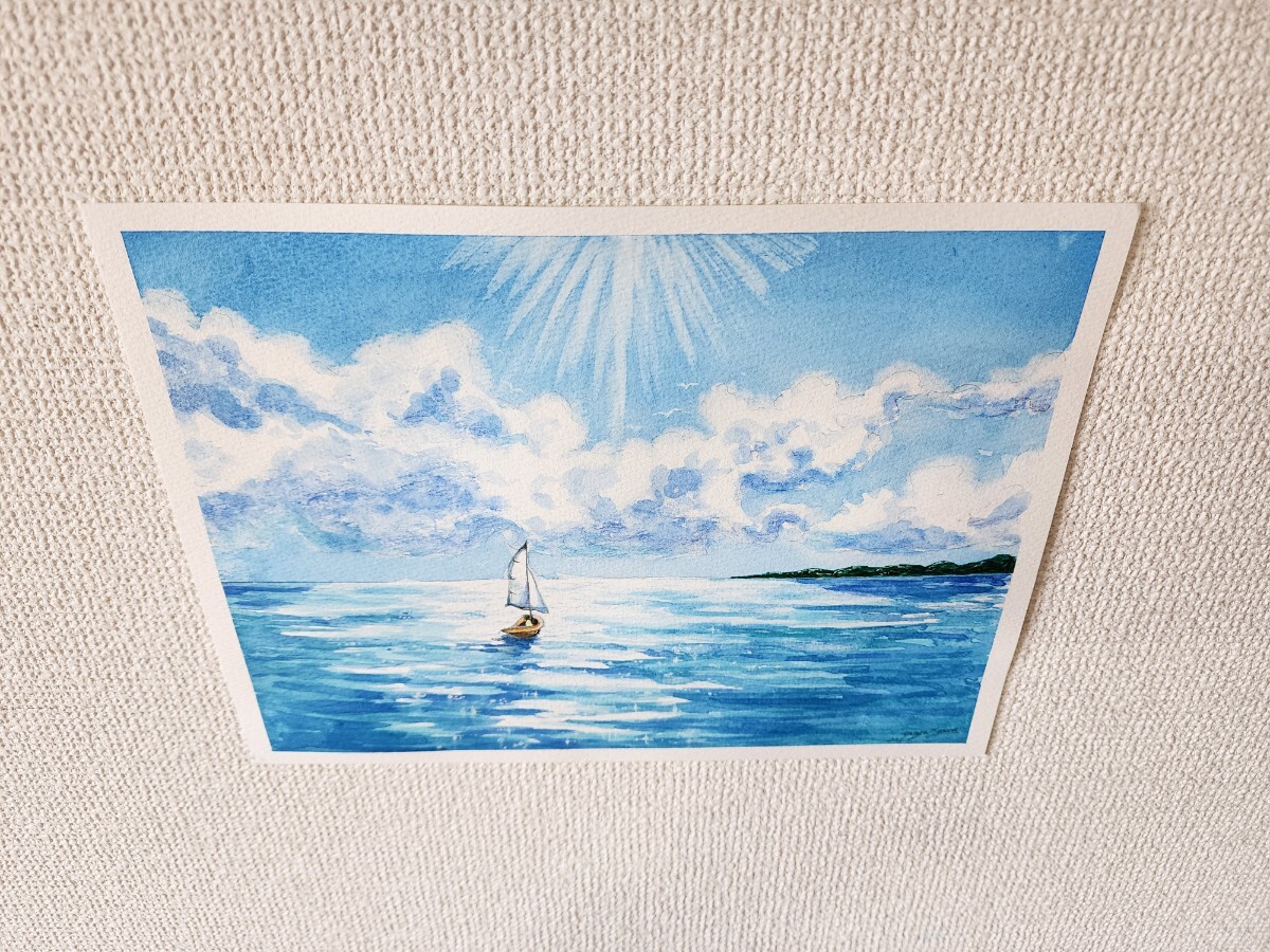 水彩画 海の絵 風景画 世界で1枚 水彩 アート ヨット 船の絵 水彩画 海の絵 風景画 世界で1枚 水彩 アート ヨット 船の絵