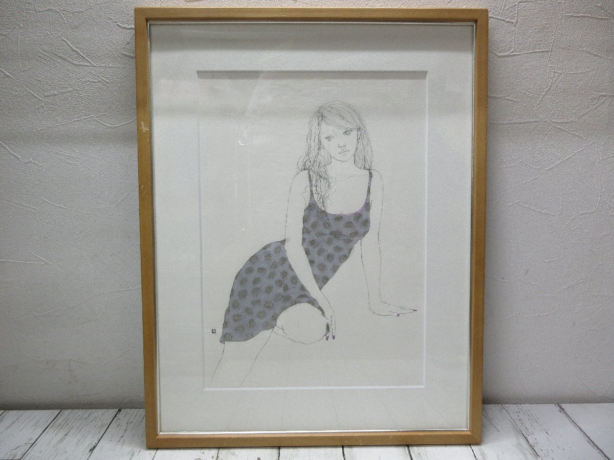d 真作 松谷千夏子 現代美人画 額装 共シール ／ 創画会准会員 横約47.8ｃｍ高さ約61ｃｍ 【星見】