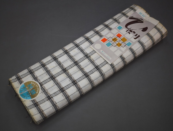 A46-2　即決 新古品 織ゆかた反物 白 グレー 格子 未仕立て品