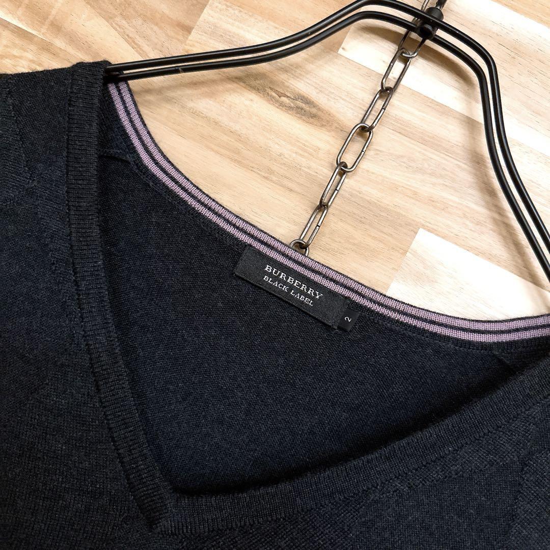  модный [ Burberry Black Label ]a-ga il вязаный свитер серый × фиолетовый [ лиловый шланг Logo шерсть шерсть 100% высококлассный V шея ]