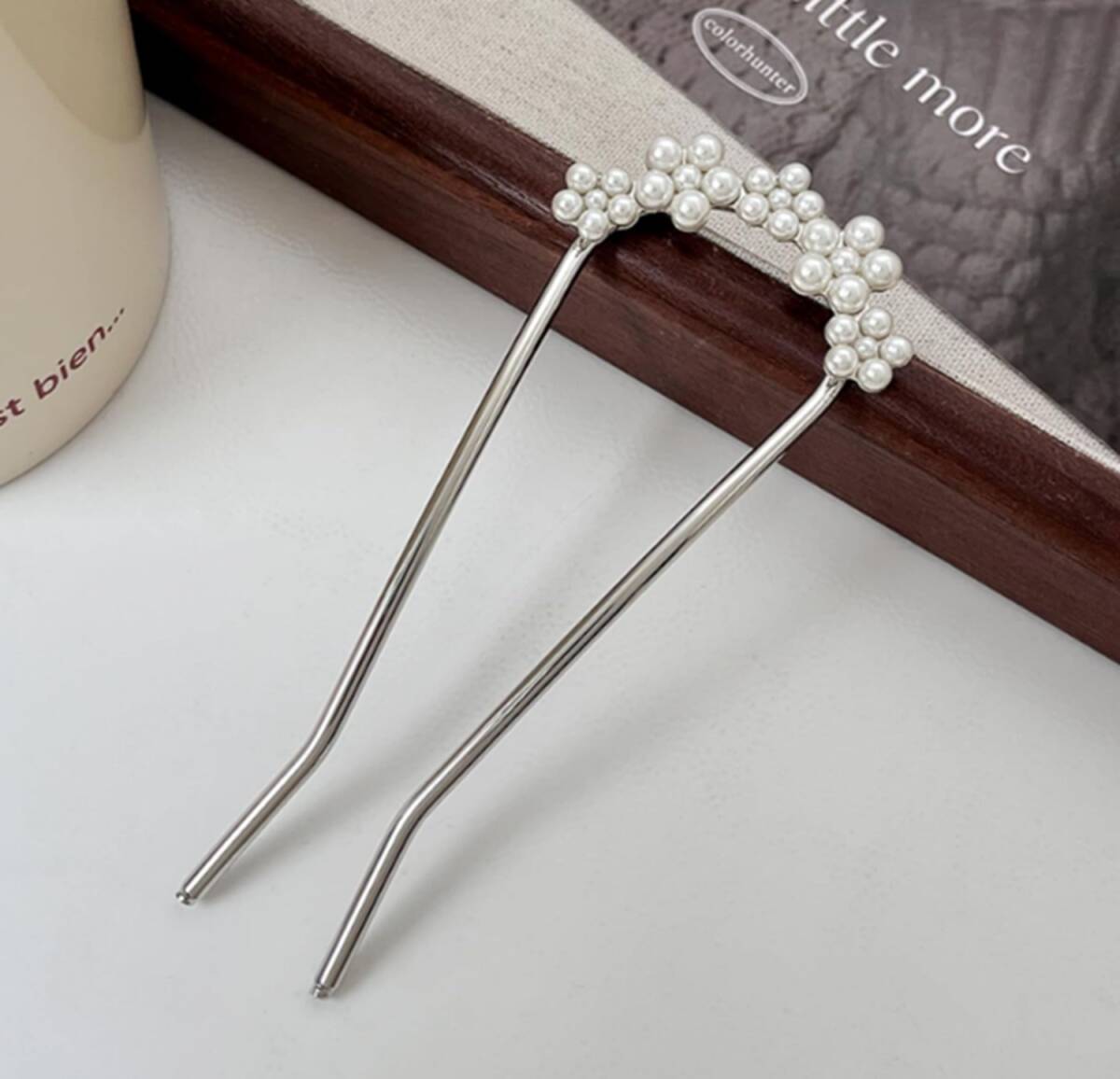 激安 人気 おしゃれ かわいい 簪 かんざし 髪飾り 和装 バチ型 シンプル パール シルバー フラワー ヘアアクセサリー 誕生日プレゼント 新 _画像2