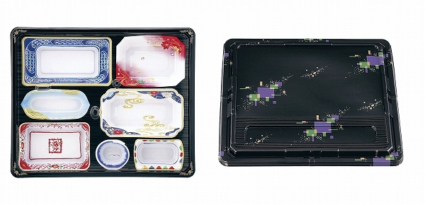 ワンウェイ 会席膳セット 蓋三彩 386×316×40mm 7仕切 入数:1セット(20セット入) T-238(XAZ4701)