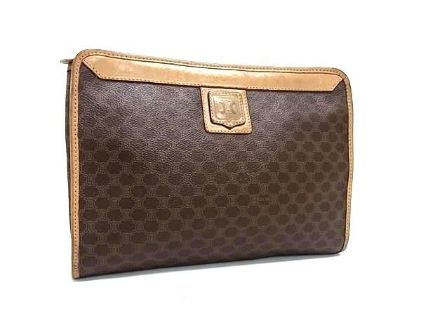 1円 CELINE セリーヌ マカダム柄 PVC×レザー クラッチバッグ セカンドバッグ レディース メンズ ブラウン系 FF0575