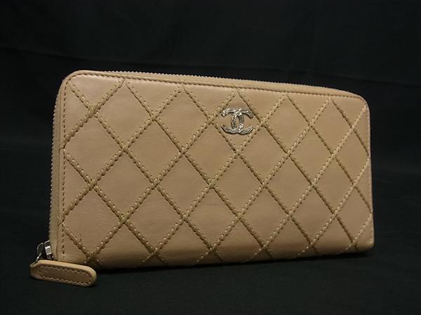 1円 CHANEL シャネル ココマーク マトラッセ ワイルドステッチ レザー ラウンドファスナー 長財布 ウォレット ベージュ系 ...