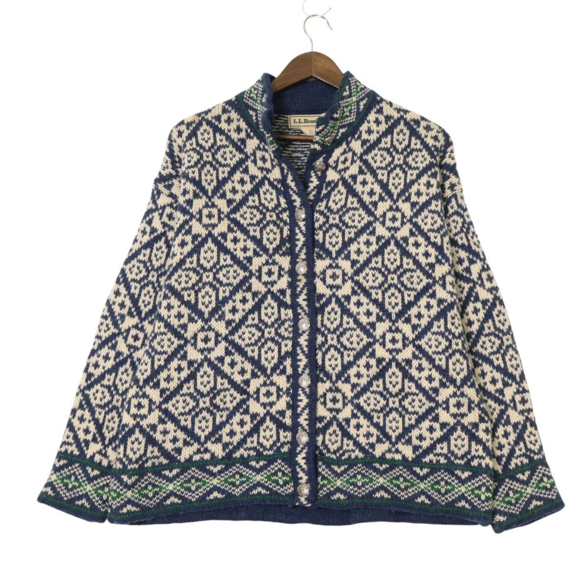 お歳暮 人気 総柄 アウトドア カーディガン チロルニット ウール エルエルビーン L.L.Bean USA製 90年代 アイボリー A1812 古着 中古 L) (レディース 女性用