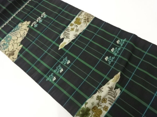 ys7168195; 宗sou 格子に霞・草花模様織出し昼夜帯（材料）【アンティーク】【着】