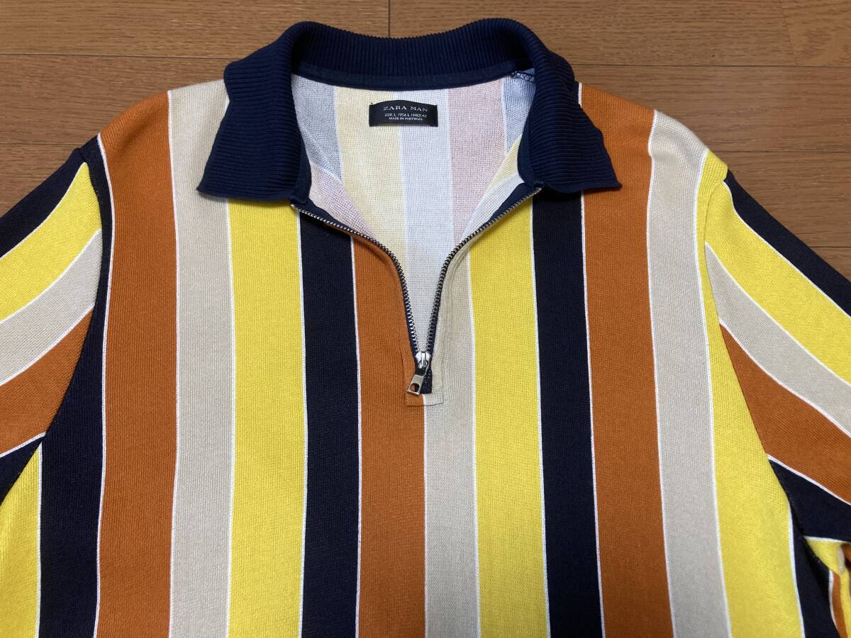 ZARA MAN ザラ マルチストライプ 半袖 サマーニット ハーフジップ ポロシャツ
