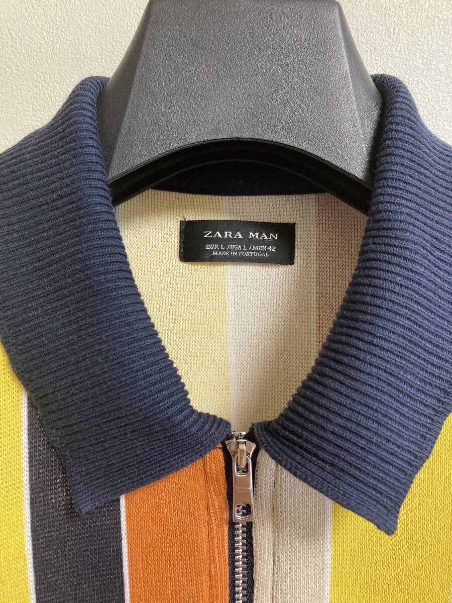 ZARA MAN ザラ マルチストライプ 半袖 サマーニット ハーフジップ ポロシャツ