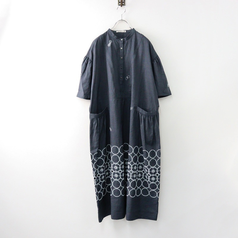 未使用 定価85800円 2024SS ミナペルホネン mina perhonen acs3076 ami 刺繍ドレス 36/チャコール ワンピース 麻【2400014086126】
