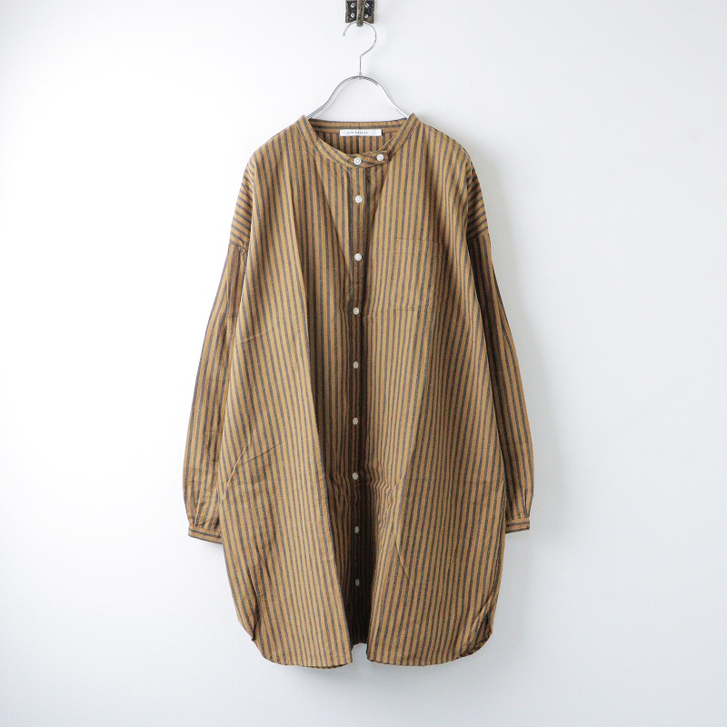 美品 ナチュラン サンバレー SUN VALLEY 綿麻起毛ストライプスタンドカラーシャツワンピース M/ブラウン トップス【2400014098716】