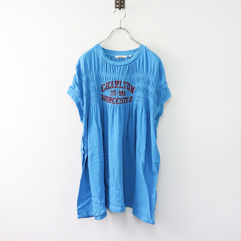 ニコアンド niko and シャーリングプリントTシャツ Long/ブルー トップス カットソー ギャザー ロング コットン【2400014116571】