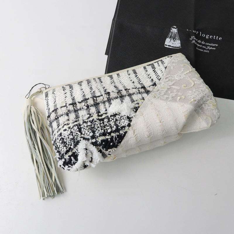 美品 定価6.4万 ルールロジェット leur logette ツイードクラッチバッグ/ホワイト系 切替 パッチワーク タッセル【2400014119169】