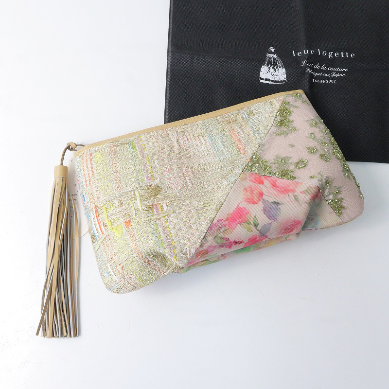 未使用 定価4.1万 ルールロジェット leur logette ツイードクラッチバッグ/ベージュ ピンク系 パッチワーク タッセル【2400014119190】