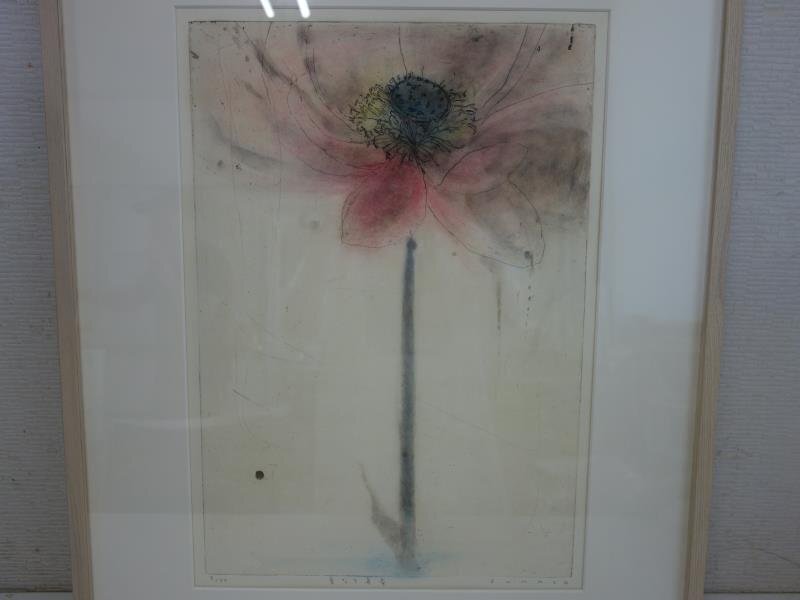 安井寿磨子　銅版画手彩色 中古】M▽安井寿磨子 版画 銅版画 手彩色 額縁 エディション