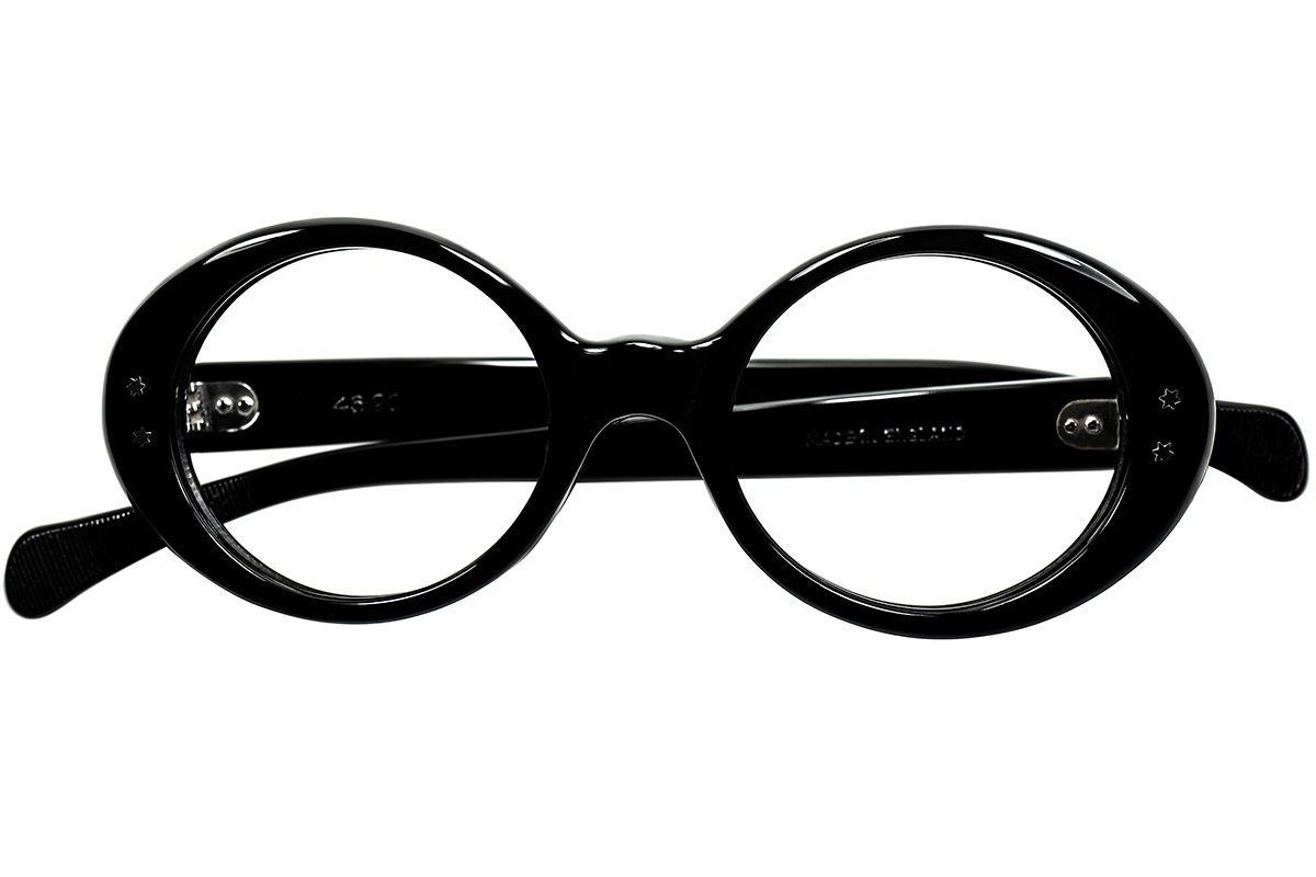 当時のOGを彷彿させる上級なBRITISH MODERN CLASSIC 1960s英国製デッド FRAME ENGLAND OVALベース変形ラウンド 丸眼鏡 45/20実寸 BLACK