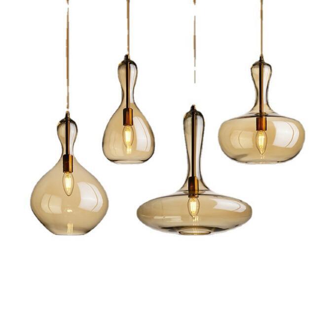 ペンダントライト アンバー色 ガラス 1燈 北歐風(fēng) 吊り下げ照明 口金E14 LED対応 ダイニング リビングルーム照明器具