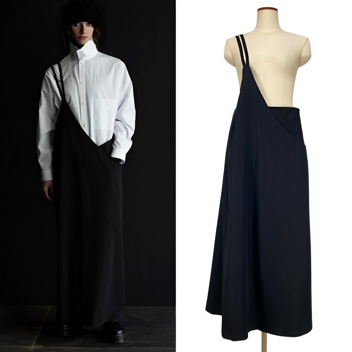 Y's WOOL GABARDINE ASYMME APRON DRESS 黒1 Y's WOOL GABARDINE ASYMME APRON DRESS 黒1