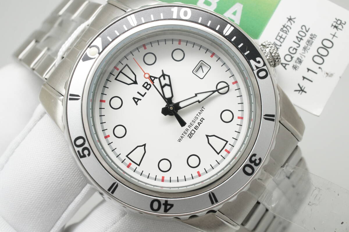 J45●作動良好 未使用デッドストック SEIKO セイコー ALBA アルバ ダイバー200m VJ32-KH20 白文字盤 デイト メンズ腕時計 シルバークォーツ