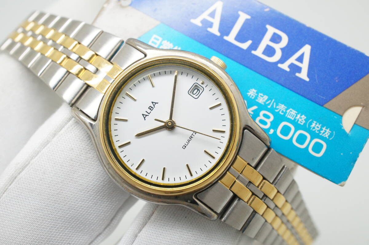 J65●作動(dòng)良好 未使用デッドストック SEIKO セイコー ALBA アルバ V782-X092 白文字盤 デイト レディース腕時(shí)計(jì) コンビ お灑落 クォーツ