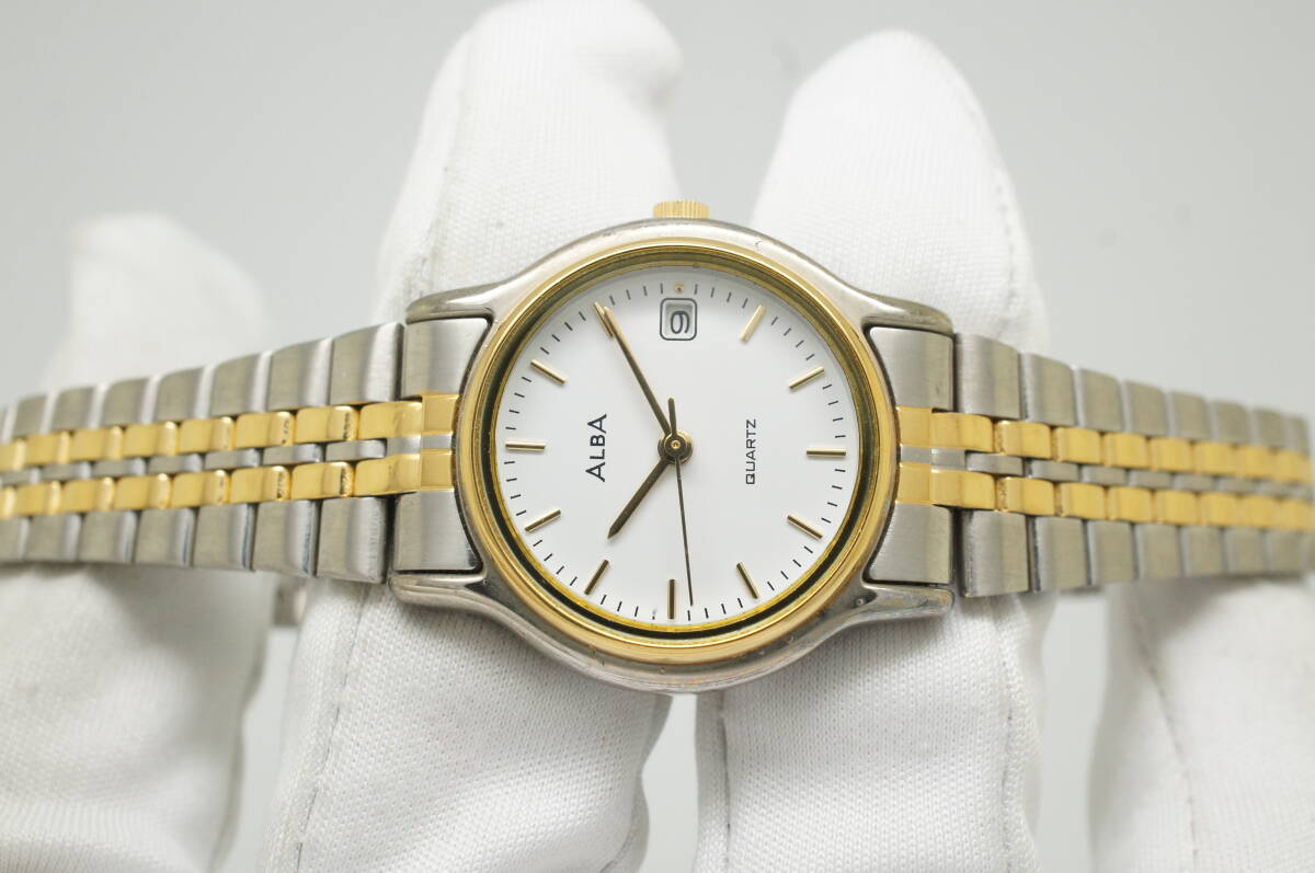 J65●作動(dòng)良好 未使用デッドストック SEIKO セイコー ALBA アルバ V782-X092 白文字盤 デイト レディース腕時(shí)計(jì) コンビ お灑落 クォーツ
