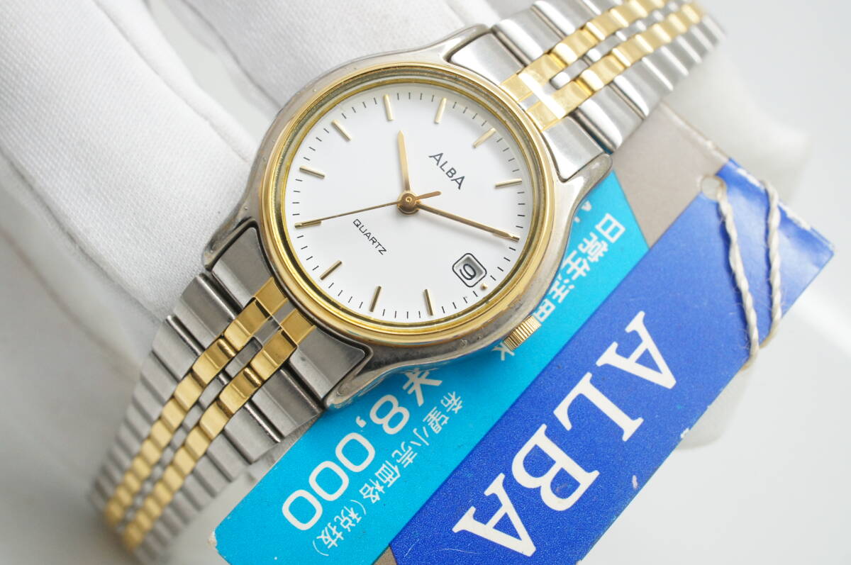 J65●作動(dòng)良好 未使用デッドストック SEIKO セイコー ALBA アルバ V782-X092 白文字盤 デイト レディース腕時(shí)計(jì) コンビ お灑落 クォーツ