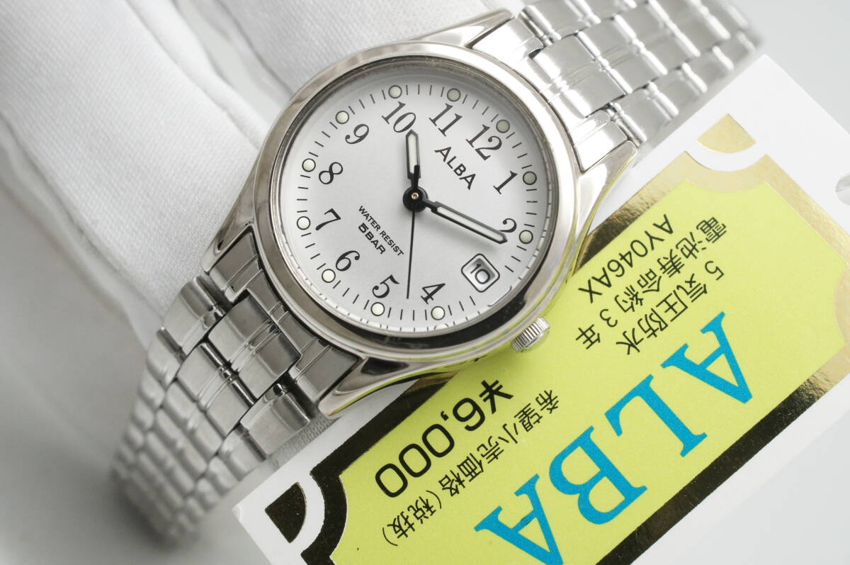 J66●作動良好 未使用デッドストック SEIKO セイコー ALBA アルバ V782-X198 デイト レディース腕時計 シルバー お灑落 クォーツ