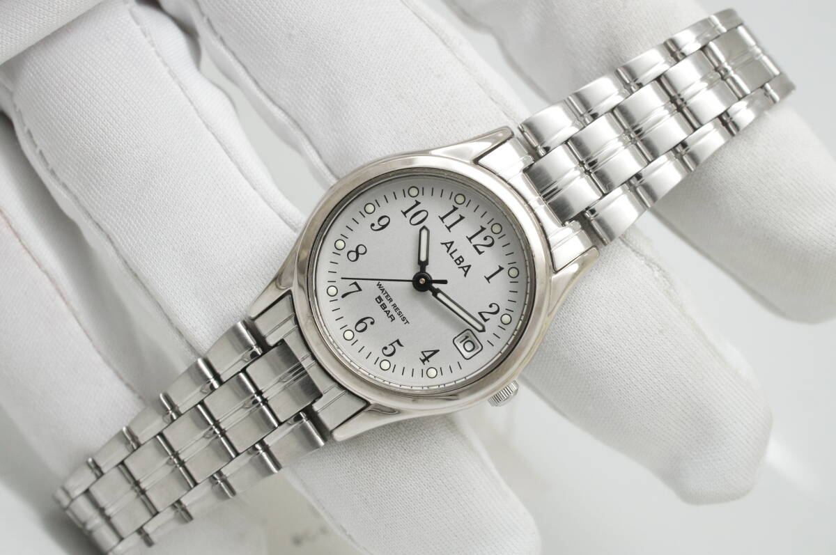 J66●作動良好 未使用デッドストック SEIKO セイコー ALBA アルバ V782-X198 デイト レディース腕時計 シルバー お灑落 クォーツ