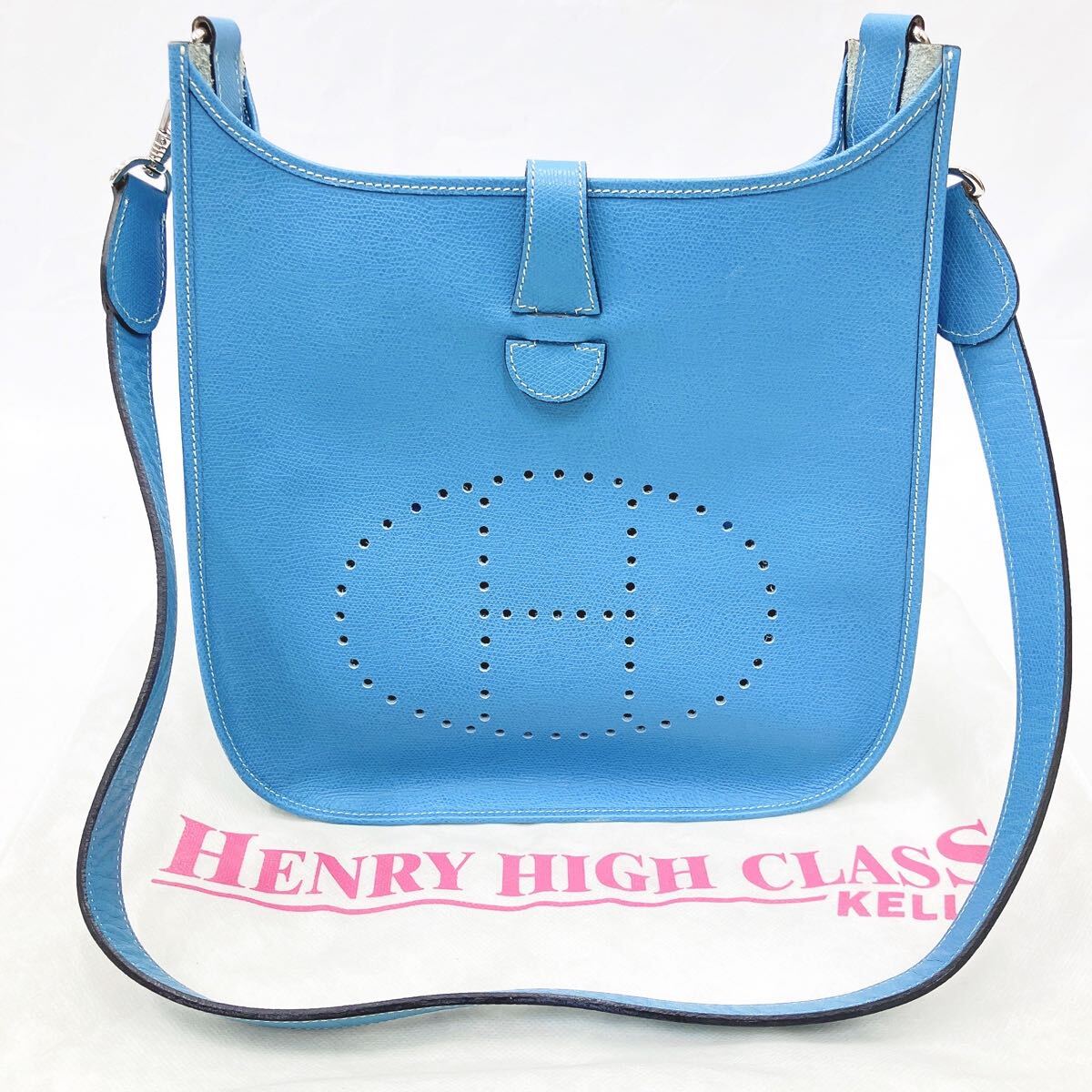 Henry HIGH CLASS ヘンリーハイクラス カーフ レザー ショルダー バッグ　ブルー系　肩掛け　横約28cm 高さ約30cm マチ8cm R尼0827