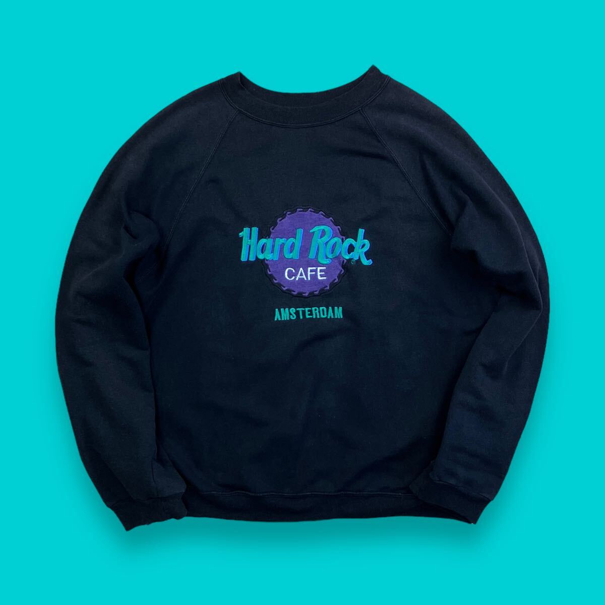 90s USA製 ハードロックカフェ ヴィンテージスウェットシャツ 刺繍ロゴ ブラック Hard Rock CAFE AMSTERDAM トレーナー ビンテージ sweat_画像1