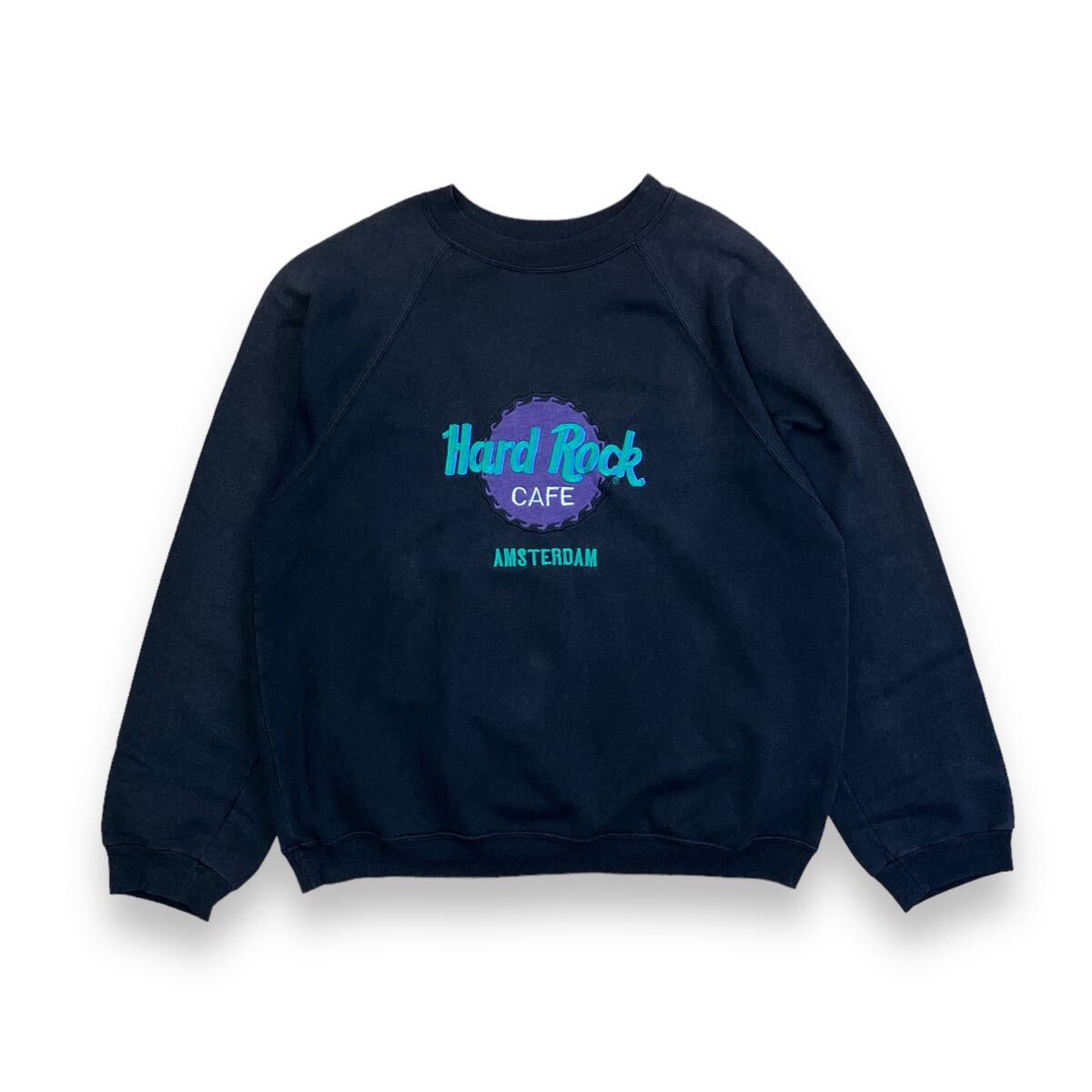 90s USA製 ハードロックカフェ ヴィンテージスウェットシャツ 刺繍ロゴ ブラック Hard Rock CAFE AMSTERDAM トレーナー ビンテージ sweat_画像2