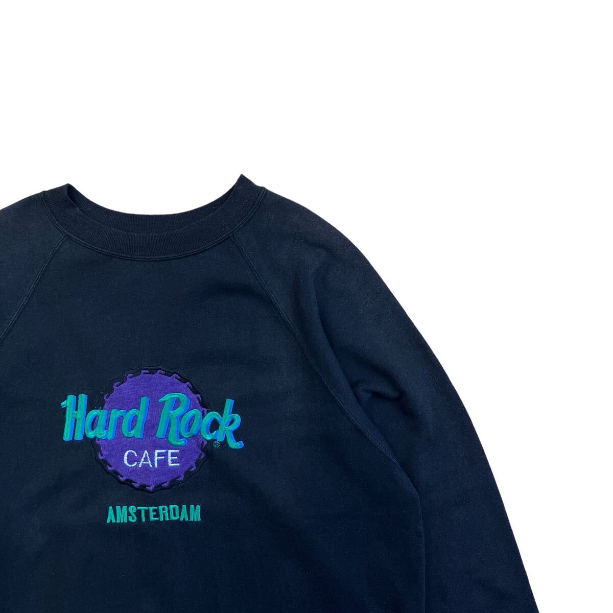 90s USA製 ハードロックカフェ ヴィンテージスウェットシャツ 刺繍ロゴ ブラック Hard Rock CAFE AMSTERDAM トレーナー ビンテージ sweat_画像3