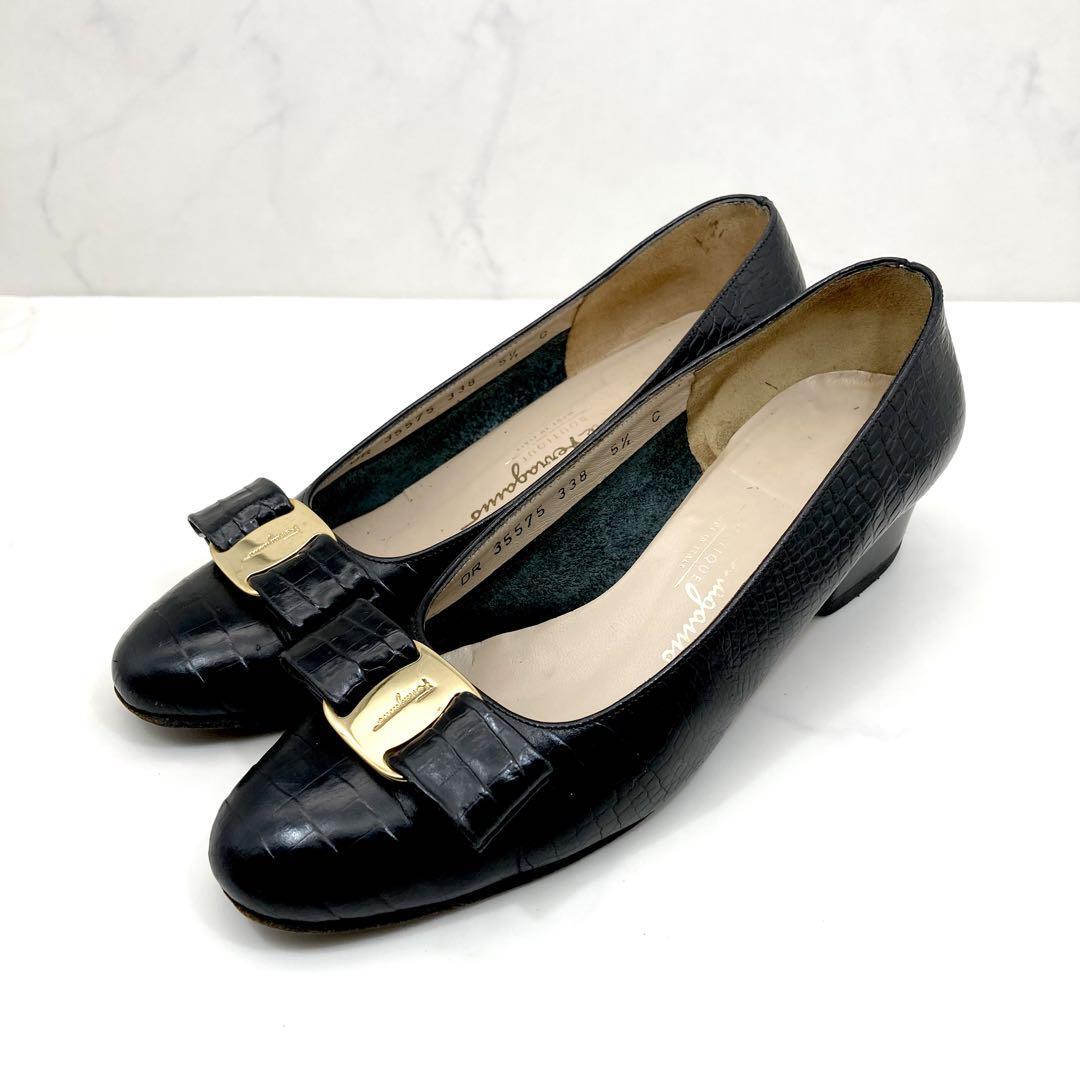49即決/即日発送SalvatoreFerragamo サルヴァトーレフェラガモ 皮革 レザーパンプス ヴァラリボン クロコ DR35575 黒ブラック　23.0cm