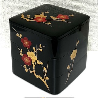 ★ 即決・送料無料 ★ 漆器 会津塗 三段 重箱 枝梅 雅匠 黒_画像1